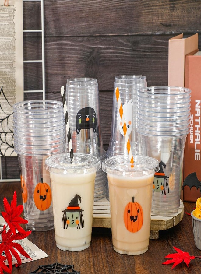 وولاين مجموعة أكواب بلاستيكية شفافة للاستخدام مرة واحدة من والين، 48 قطعة، سعة 12 أونصة، بتصميمات أشباح وقرع وقطة سوداء، مثالية لحفلات الهالوين وأعياد الميلاد. مزودة بأغطية وماصات. - Image 4